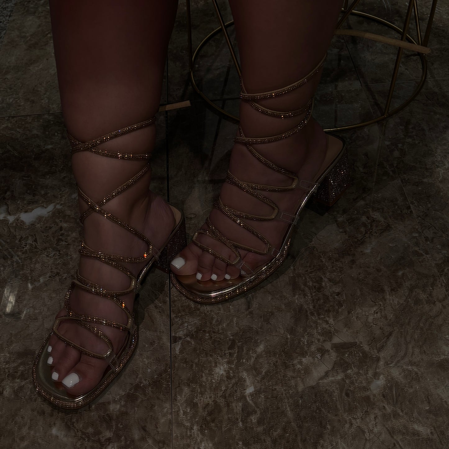 Rhinestone Lace Up Chunky Heel Dressy Sandal (Wide-Friendly)- Abigail