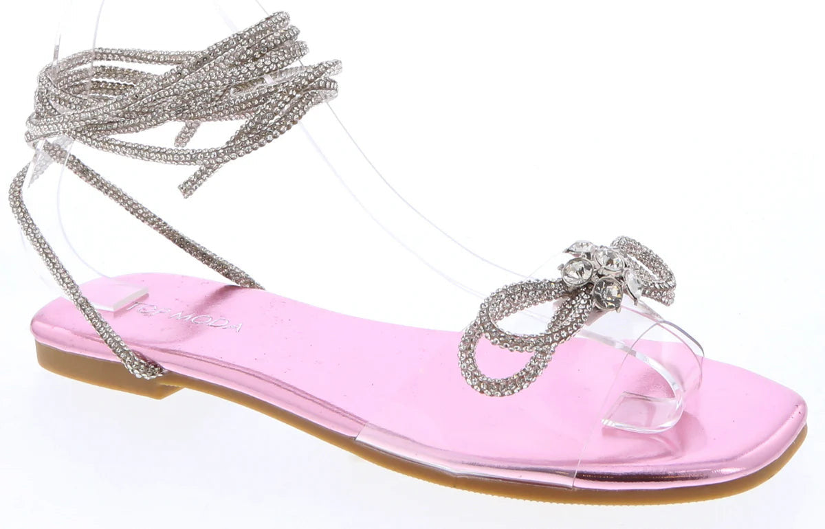 Gemma Rhinestone Bow Lace Up Sandals, Pink
