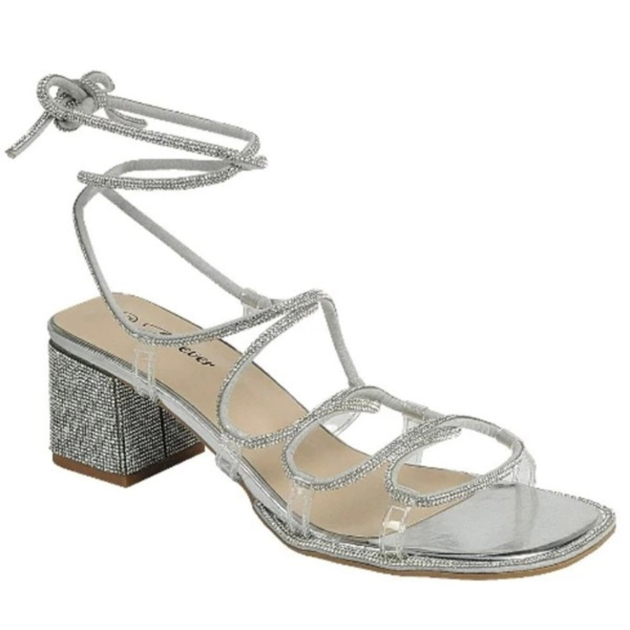 Rhinestone Lace Up Chunky Heel Dressy Sandal (Wide-Friendly)- Abigail