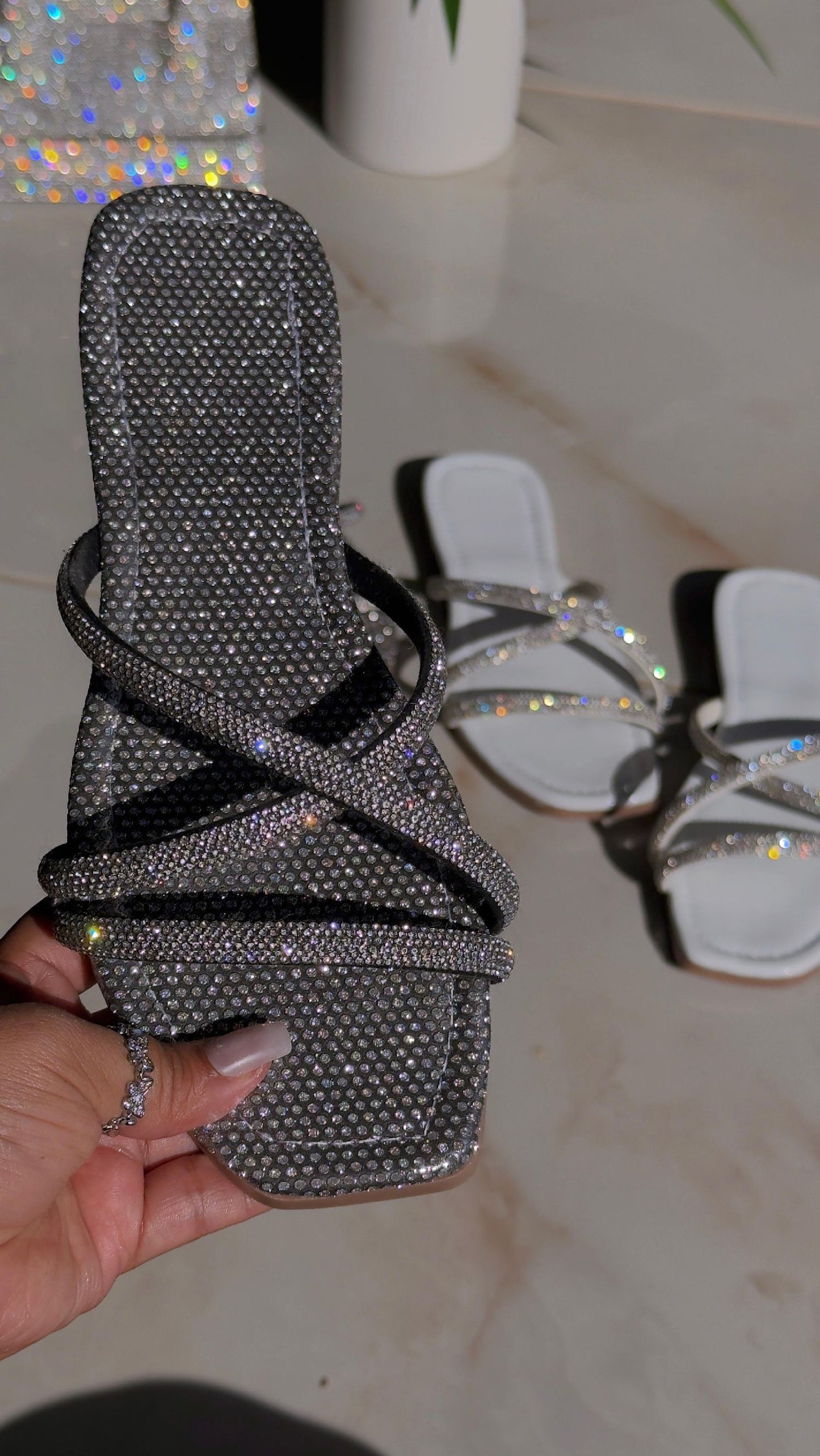 "Black Ice"- Shimmer Strap Sandals