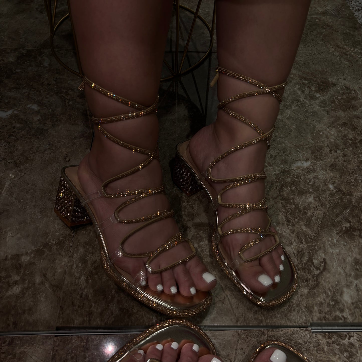 Rhinestone Lace Up Chunky Heel Dressy Sandal (Wide-Friendly)- Abigail