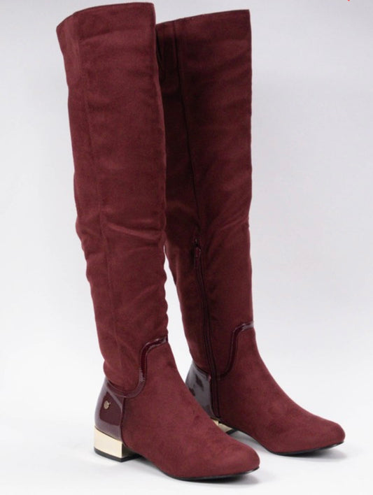 Cecilia Burgundy Over the Knee Gold Heel