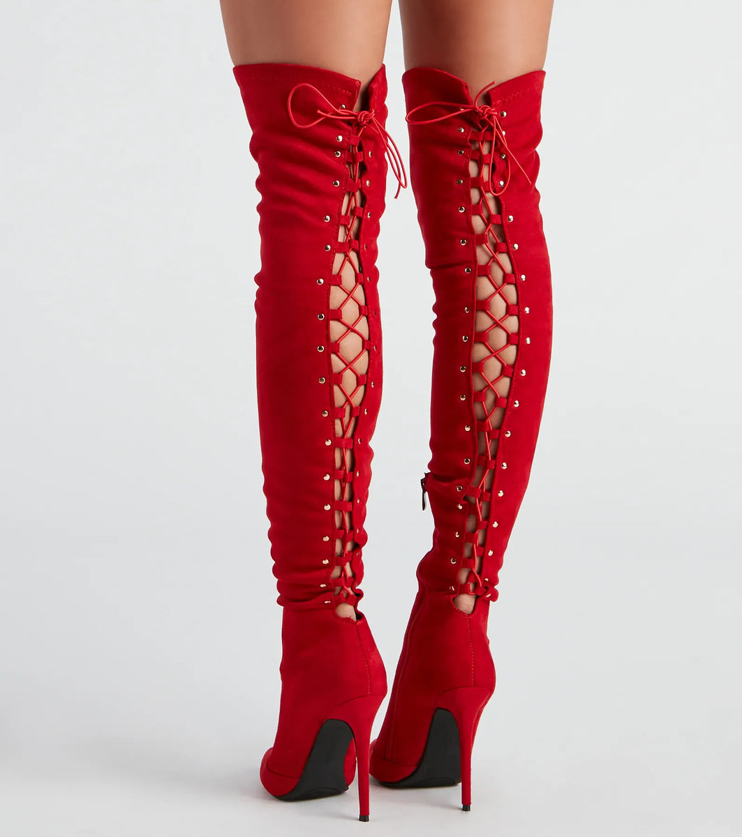 Ari Red Over the Knee Lace Up Boots
