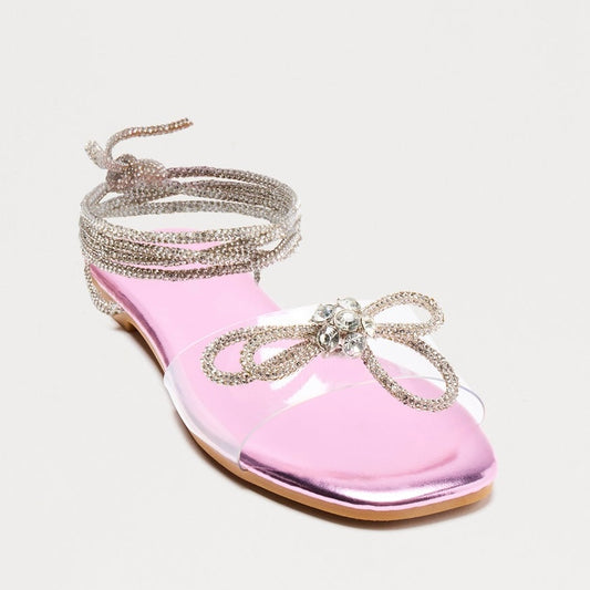 Gemma Rhinestone Bow Lace Up Sandals, Pink