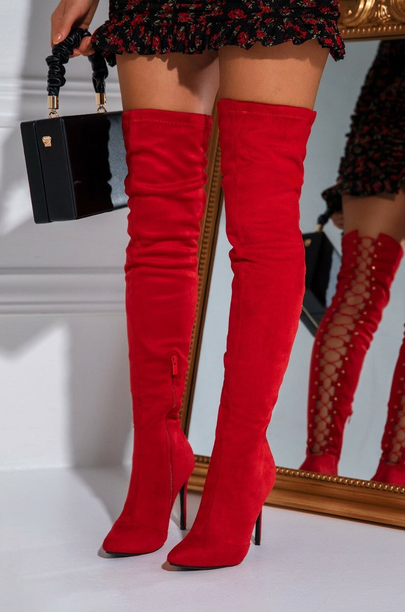 Ari Red Over the Knee Lace Up Boots