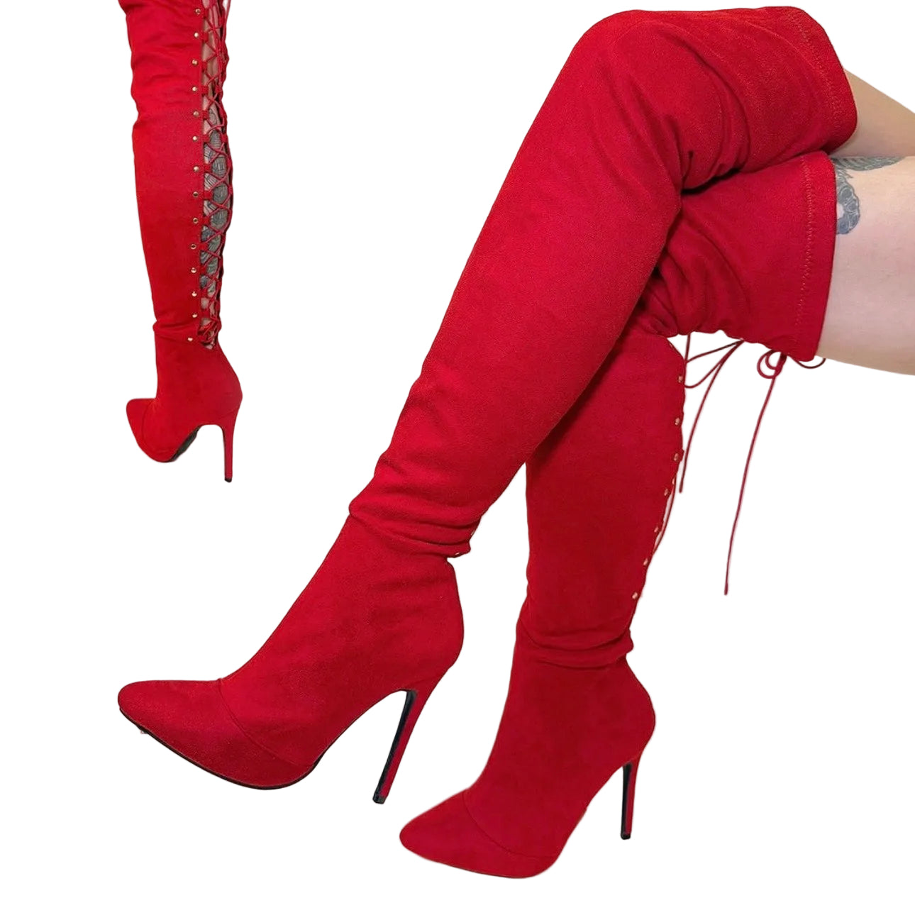 Ari Red Over the Knee Lace Up Boots