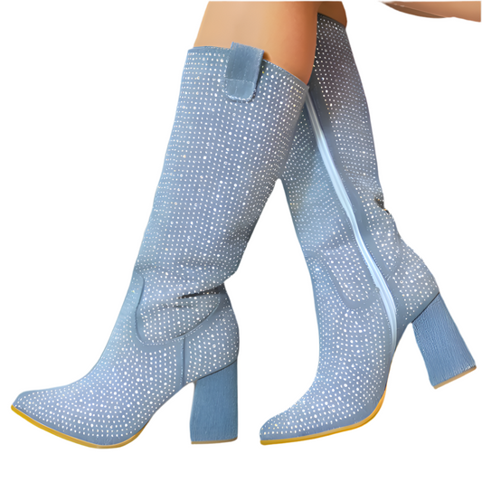 "Bedazzled"- Rhinestone Denim, Chunky High Heel Boots