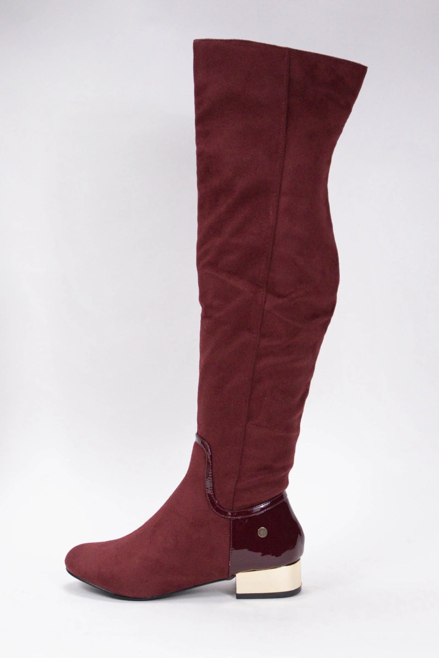 Cecilia Burgundy Over the Knee Gold Heel