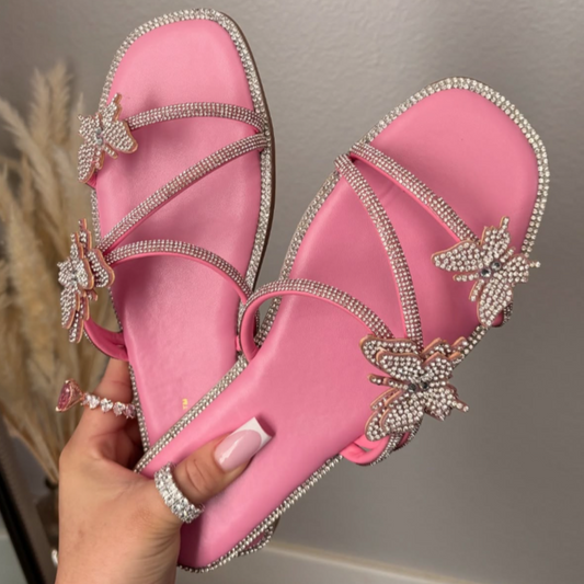 "Blush"- Butterfly Rhinestone Sandals, Pink