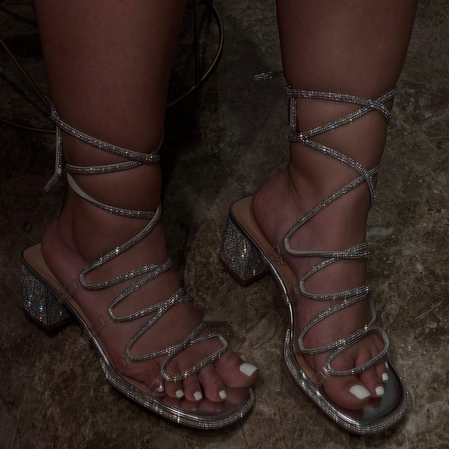Rhinestone Lace Up Chunky Heel Dressy Sandal (Wide-Friendly)- Abigail