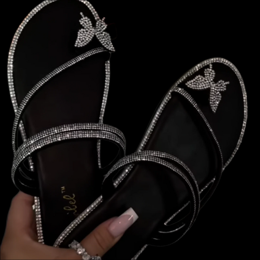 "Twinkle Toes"- Butterfly Toe Ring Rhinestone Sandals, Black