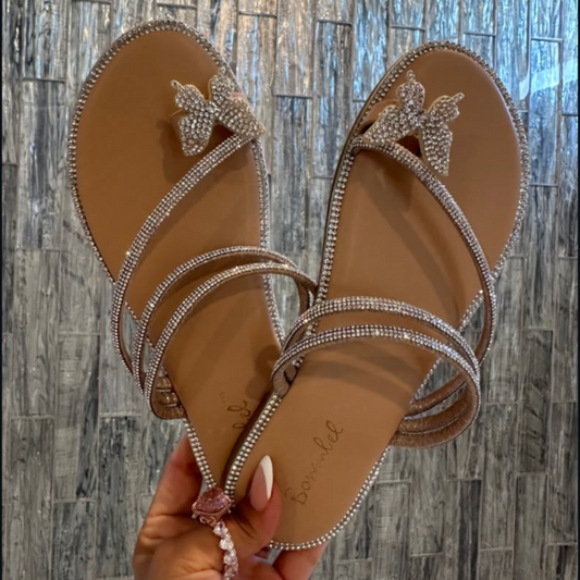 "Twinkle Toes"- Butterfly Toe Ring Rhinestone Sandals, Nude