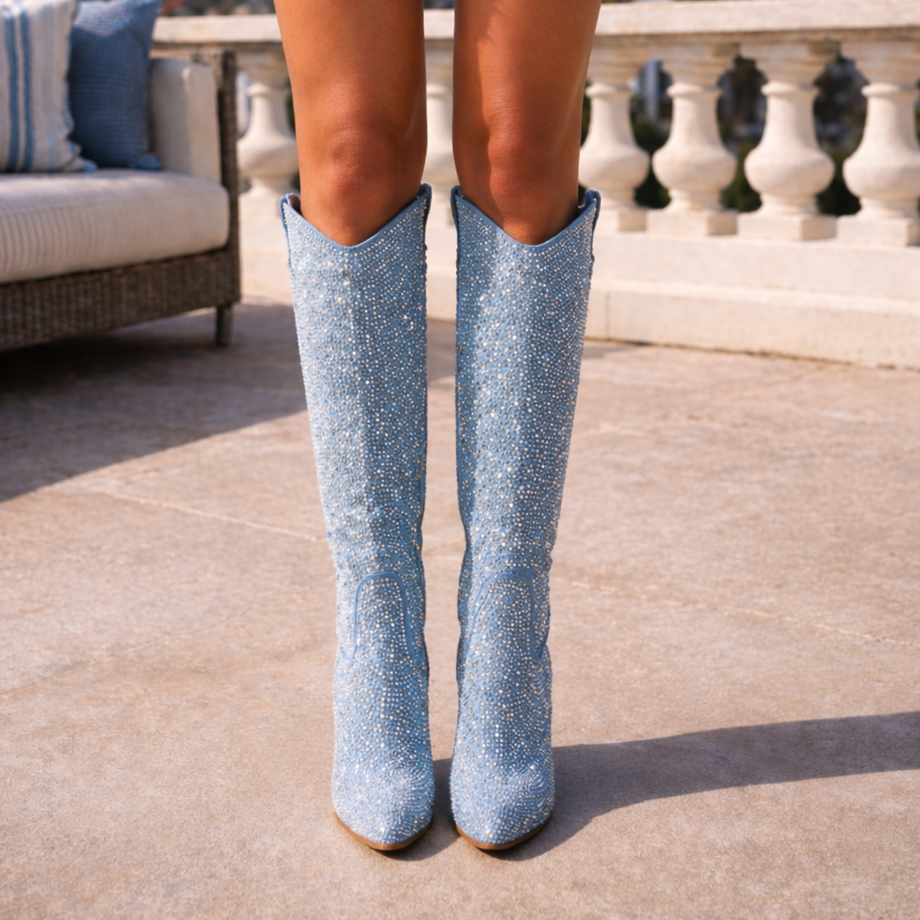Ariel Denim Rhinestone High Heel Boots