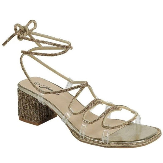 Rhinestone Lace Up Chunky Heel Dressy Sandal (Wide-Friendly)- Abigail