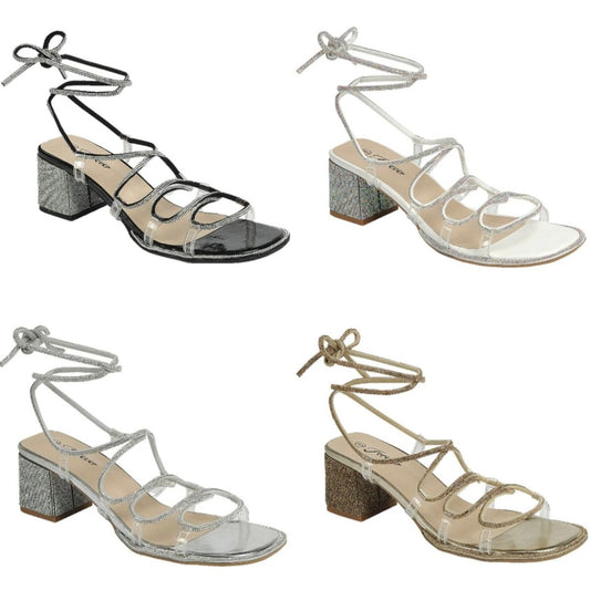 Rhinestone Lace Up Chunky Heel Dressy Sandal (Wide-Friendly)- Abigail