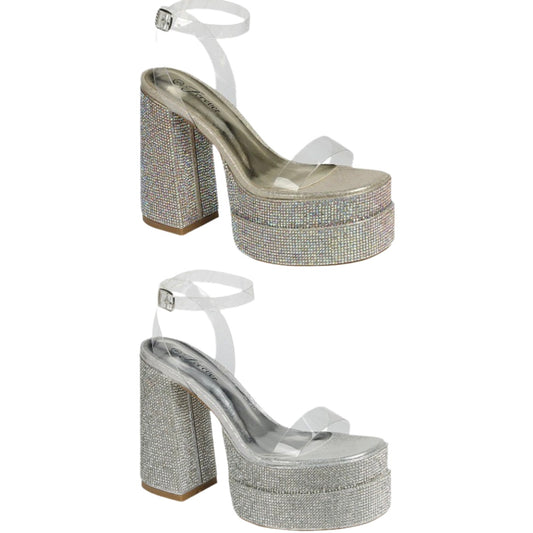 Crystal- Rhinestone Platform Rhinestone Heel Clear Straps