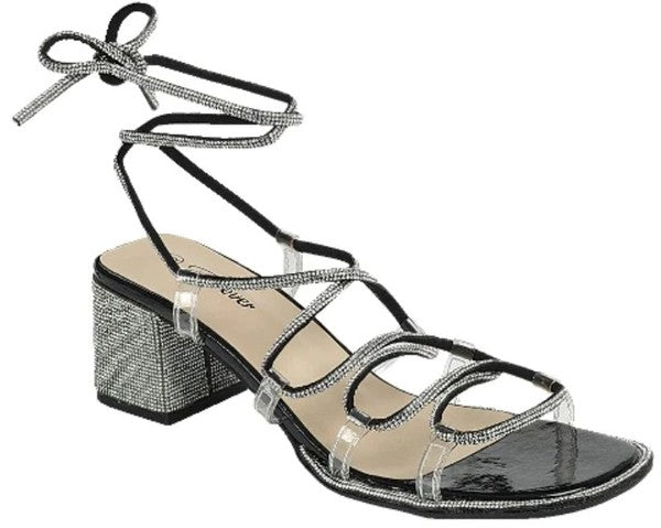 Rhinestone Lace Up Chunky Heel Dressy Sandal (Wide-Friendly)- Abigail