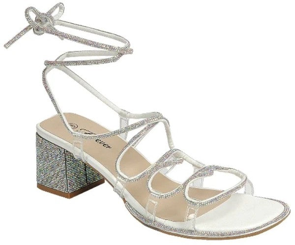 Rhinestone Lace Up Chunky Heel Dressy Sandal (Wide-Friendly)- Abigail