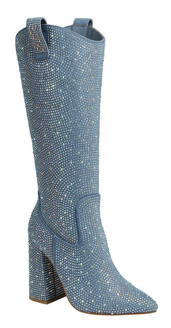Ariel Denim Rhinestone High Heel Boots