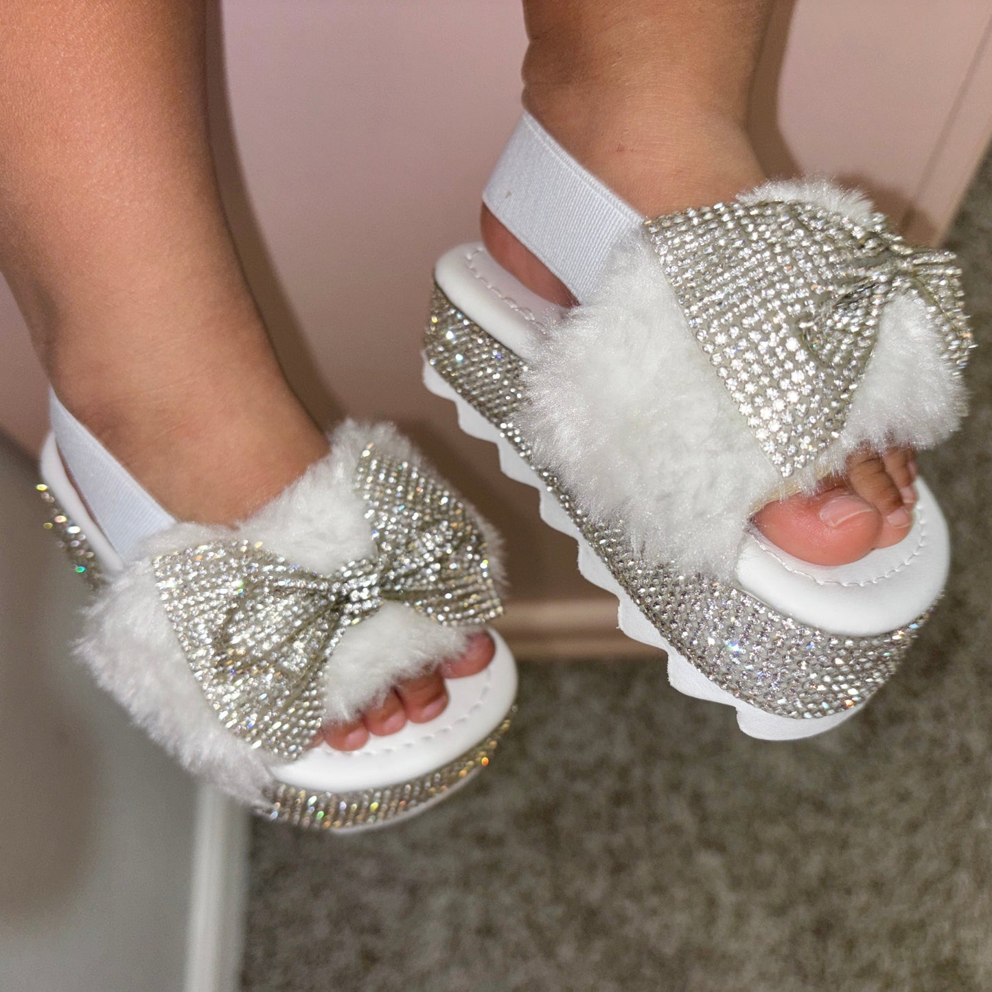 "Diva"- Rhinestone Bowknot Toddler Platform Slippers, White